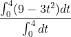 \frac{\int_{0}^{4}(9-3t^2)dt}{\int_{0}^{4}dt}