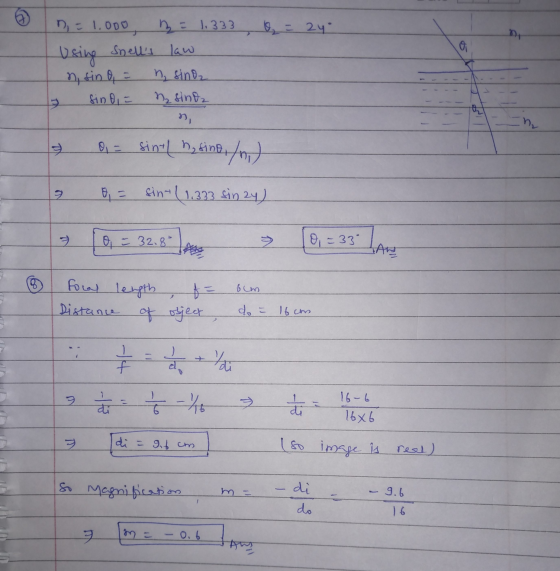 ex 24 D = 1.000 h = 1.333 Using Snells law n, sino a n, sino₂ fino 1 = 1₂ sinda n ne 01 = sintl ho ging, tom) 2 o, = sint (1