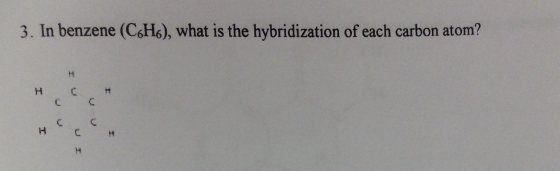 In benzene (C6H6), what is the hybridization of ea