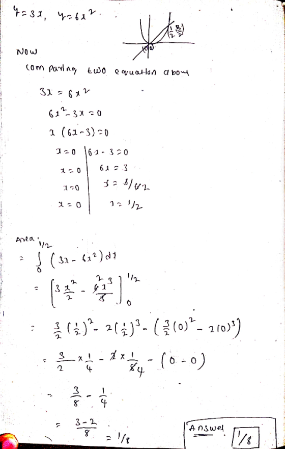 9=30, y=612. thu NOW com paring two equation aboy 31 = 6x2 61-3X=0 a (61-3)=0 1-0 6-1-320 260 613 fa Blon 150 X0 12 1/2 Area