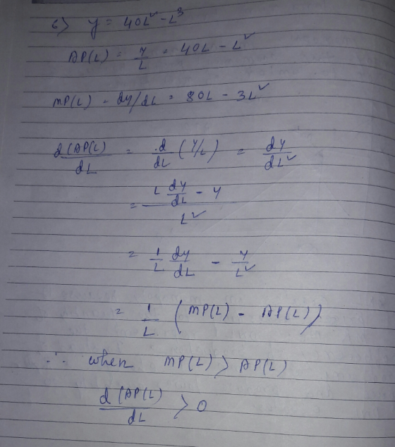 65 y = 404-L3 AP (L) = 7e 404-L MP/L) - dy/d 80L - 344 2 CAPCL) d (/) e de I mPCL) - A712) when MP (2)) PAP (2) d (APL) > o