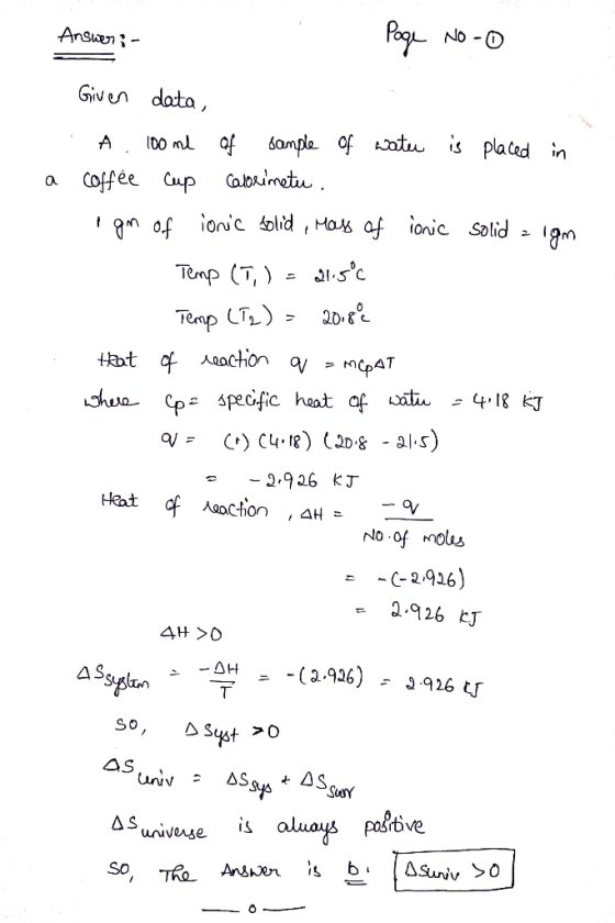 Answer: Page No-o Given data, . A. 100 ml of sample of water is placed in a coffee cup calorimetu. ign of ionic solid , mass