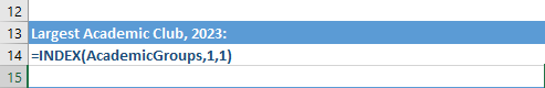 12 13 Largest Academic Club, 2023: 14 =INDEX(AcademicGroups,1,1) 15