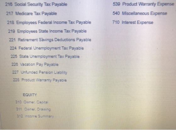 539 Product Warranty Expense 540 Miscellaneous Expense 710 Interest Expense 218 Social Security Tax Payable 217 Medicare Tax