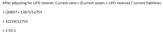 After adjusting for LIFO reserve: Current ratio = (Current assets + LIFO reserve) / current liabilities = (30857 + 1367)/1275
