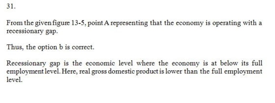 31. From the given figure 13-5, point A representing that the economy is operating with a recessionary gap. Thus, the option