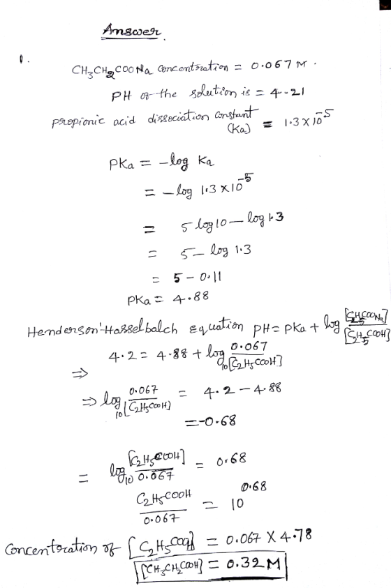 Propionic ocid disseciction ansurt pka = 13 S3 4.2 4-8o67 0.06 - 4 2 -4- 88 ー-O-68 D68 0.067 Goncenorati こ0.067 x 478