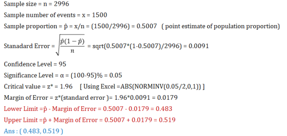 Sample size = n = 2996 Sample number of events = x = 1500 Sample proportion = p = x/n = (1500/2996) = 0.5007 (point estimate