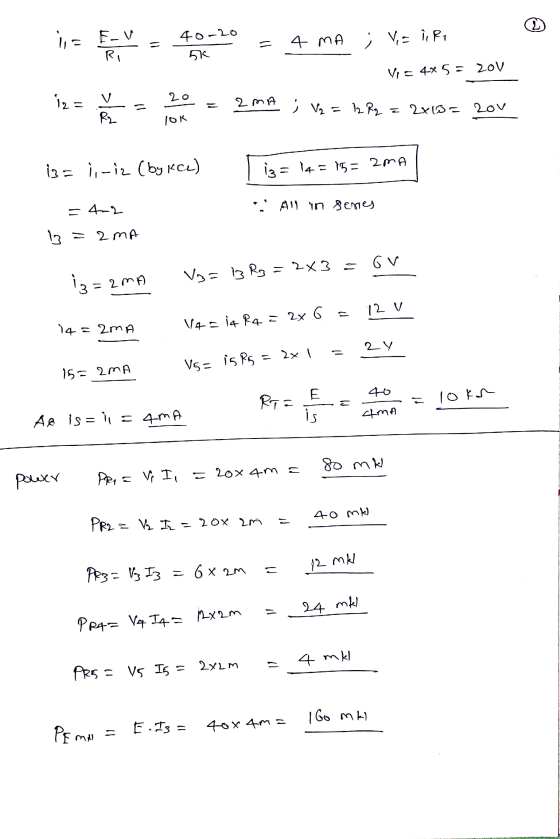 i,= Ev 40-20 4 MA ; V=TIR, RI 56 Vi = 4* 5 = 20V 20 iz = v 2 MA slad ; V₂ = 12 R2 = 2x15= 2ov R2 OK 13= i, -iz (by kce) iz=14