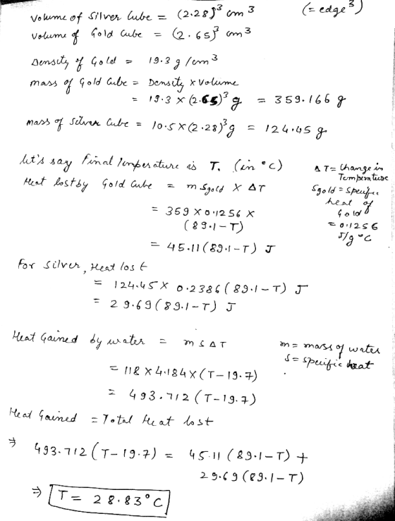 (= edge) volume of silver lube = (2.2883 cm3 volume of Gold Cube = (2.653 am3 Density of Gold a 19.3 g/cm3 mass of Gold Gibe