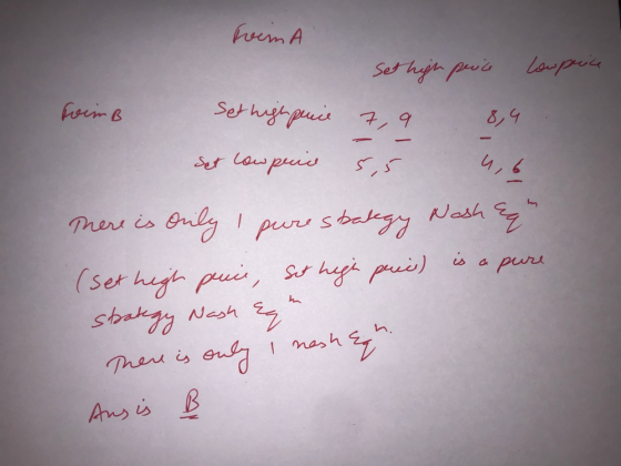 Tim A Set high price low price FoimB Set high price 8,4 4,6 Set low price 5 There is only I pure strategy Nash eh (set high p