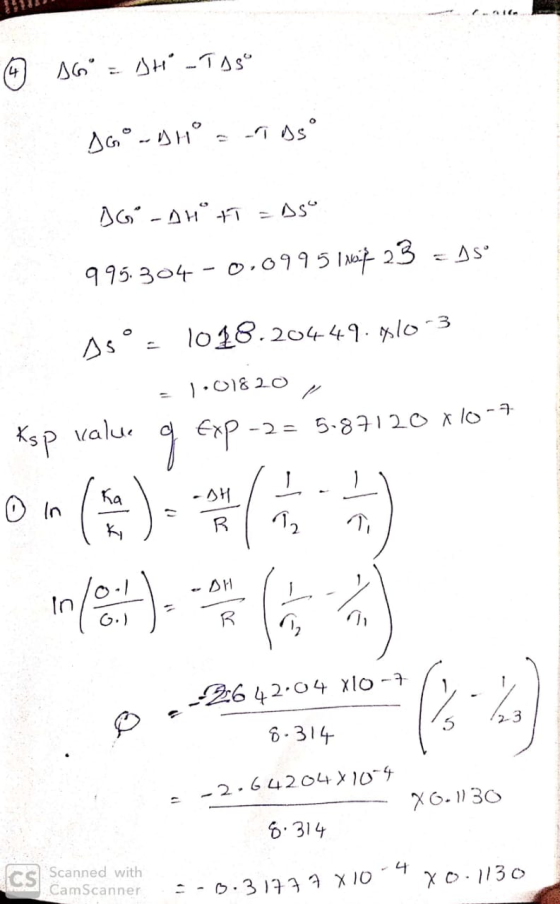 so = DH_TAS soº-Hºros DG-AHO AT = DS 995.304 - 0,0995 1 mif 23 =) 5° Asº. 1018.20449.810-3 - 1.018 20 Ksp value o Exp -2 = 5