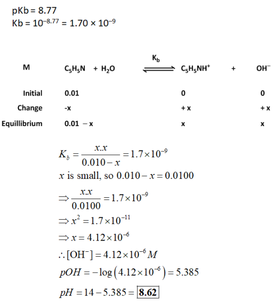 pKb 8.77 Kb 10-8.77 1.70 x 10-9 Къ М CHNH20 CsHNH* Он + Initial 0.01 0 0 Change -X Equillibrium 0.01 X х х х.х 1.7x109 0.010-