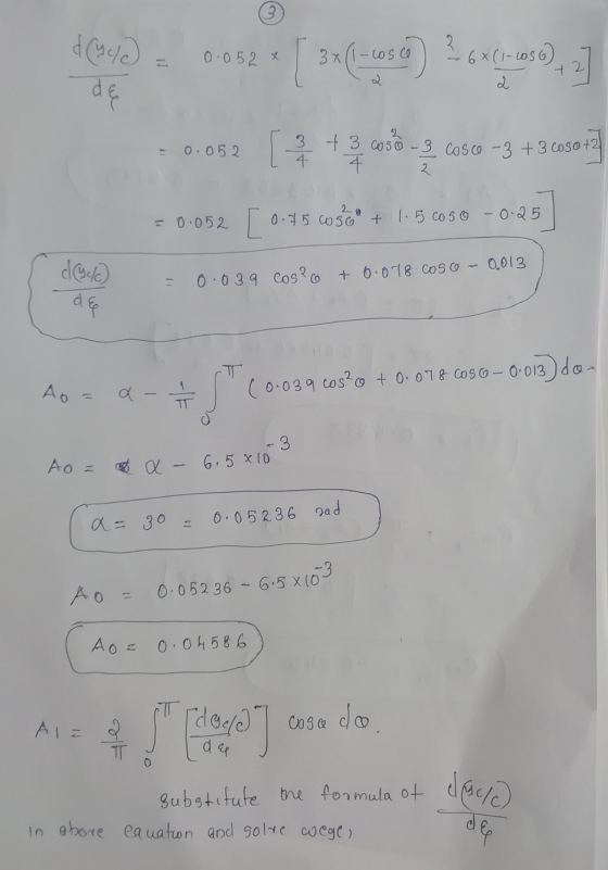 تنا 2 dele dę 0.052 x 3x (1-cosce 6*(1-1056) + 2 -0.052 [ 3 + 3 C050 - 3 Co56 -3 +3 coso+2 4 4 2 20 = 0.052 [ 0.75 cose + 1.5