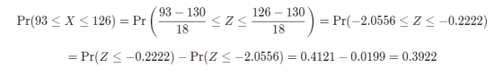 Pr(93 < X < 126) = Pr ( 937130 < z < 1207a 130 ) = Pr(-2.0556 < Z 5-0.2222) = Pr(Z < -0.2222) – Pr(Z < -2.0556) = 0.4121 – 0.