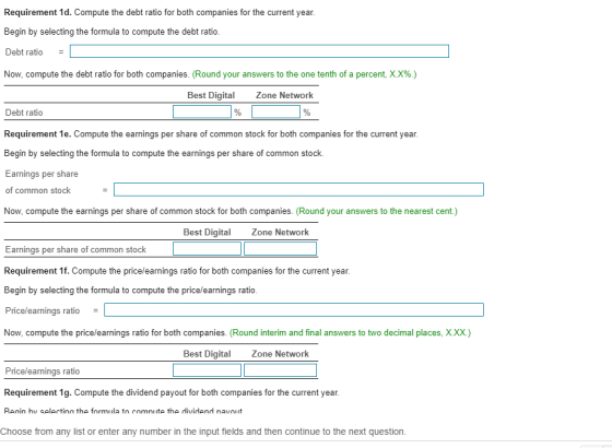 Requirement 1d. Compute the debt ratio for both companies for the current year Begin by selecting the formula to compute the debt ratio Debt ratio- Now, compute the debt ratio for both companies. (Round your answers to the one tenth of a percent, XX%.) Best Digital Zone Network Debt ratio Requirement 1e. Compute the earnings per share of common stock for both companies for the current year Begin by selecting the formula to compute the earnings per share of common stock. Earnings per share of common stock Now, compute the earnings per share of common stock for both companies. (Round your answers to the nearest cent.) Best Digital Zone Network Earnings per share of common stock Requirement 1f. Compute the price/earnings ratio for both companies for the current year Begin by selecting the formula to compute the price/earnings ratio Price/earnings ratio - Now, compute the price/earnings ratio for both companies. (Round interim and final answers to two decimal places, X.XX.) Best Digital Zone Network Pricelearnings ratio Requirement 1g. Compute the dividend payout for both companies for the current year Renin hu selertina the formula to cnmniute the dividend navout Choose from any list or enter any number in the input fields and then continue to the next question.