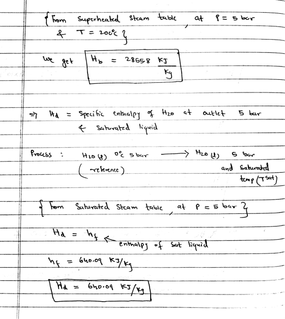 at P = 5 bar from Superheated steam table & T = 2006 cy we get Ho 2855.8 kg kg = > Ha outlet 5 bar = Specific enthalpy of tho