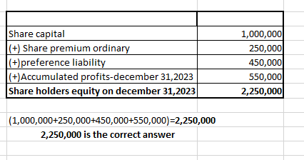 share capital (+) Share premium ordinary (+) preference liability (+) Accumulated profits-december 31,2023 Share holders equi