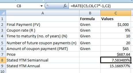 fixRATE(C5,C6, C7*-1, C2) С8 A Formula Values 1 $1,000 2 Final Payment (FV) Given 3 Coupon rate (R) 9% Given 4 Time to maturi
