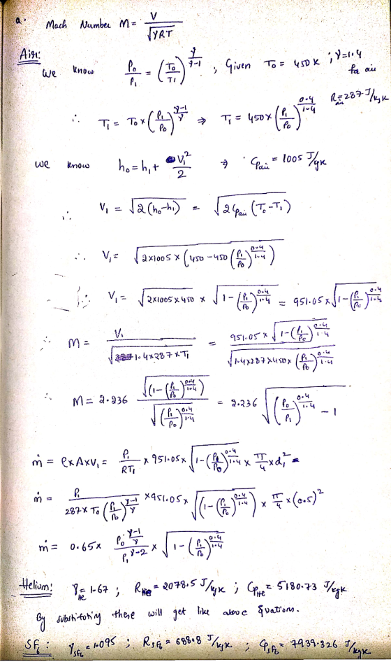 V Mach Number in= YAT Airi know Po We - (+5)*, quem to Tow Ti = 450x ( 1 Given To= usok ivarg foo ai R= 287 lugh 0.4 104 Ti =
