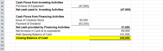 Cash Flows from Investing Activities Purchase of Equipment Net cash used in Investing Activities 88 (47,000) 89 (47,000) 90 9