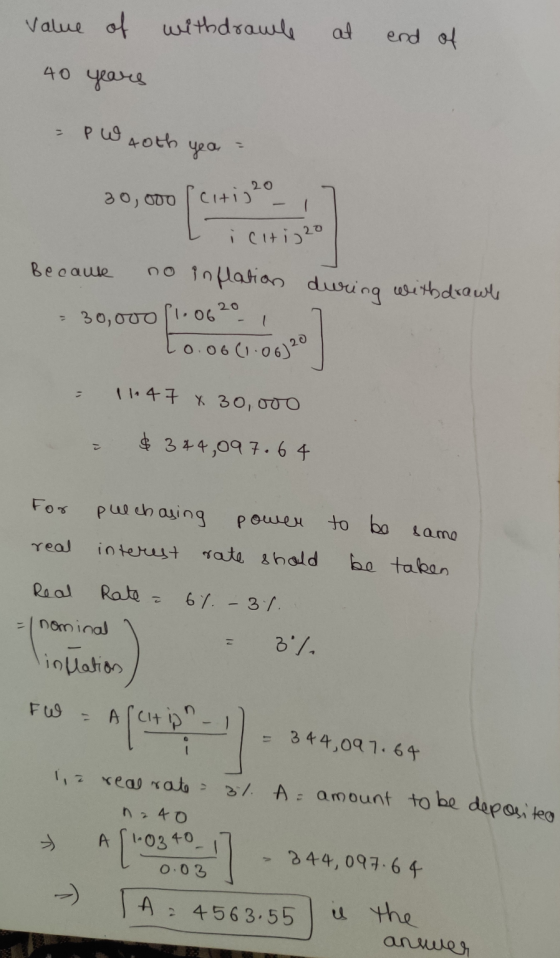 value of withdrawle at end of 40 years = P W 40th yea = 30,000 / Citig 20 I icitigo Because no inflation during withdrawls -