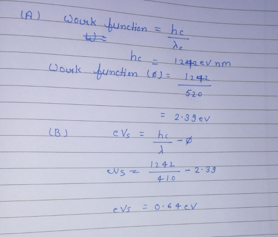 LA) Wouk function = hc De - Wook hc - 1242evnm. function (0) = 1242 520 = 2.39 ev 7 hc (Bu e Vs 1242 Nszalo -- 2.3 evs 0.64 e