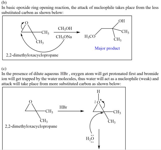 In basic epoxide ring opening reaction, the attack of nucleophile takes place from the less substituted carbon as shown below