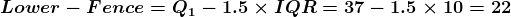 Lower – Fence = Q1 – 1.5 x IQR= 37 – 1.5 x 10 = 22