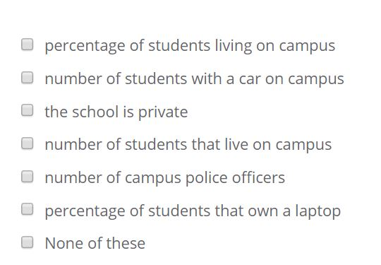 percentage of students living on campus O number of students with a car on campus Othe school is private O number of students