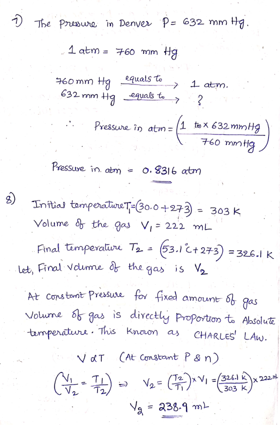 Đ The pressure in Denver p = 632 mm Hj. I atm = 760 mm Hg 760 mm Hg 632 mm Hg equals to equals to 1 atm. ? .. . ... Pressure