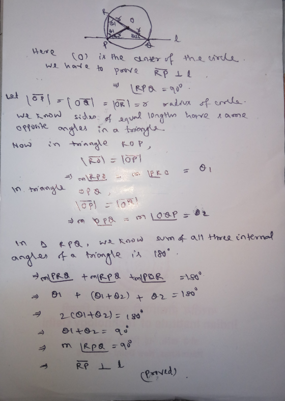 X e 8 Here (a) is the we have to center of the circle. poove Rp te [RPa = 90o . let -roal Orl=8 radius of crolle. we know sid