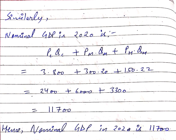 Similarly, Nominal GDP in 2020 ist- P. dc +Pm. Ont Produ 3.800 +30o.20 +150.22 2.400 + 6ooo t 3300 117oo Hence, Nominal GDP i