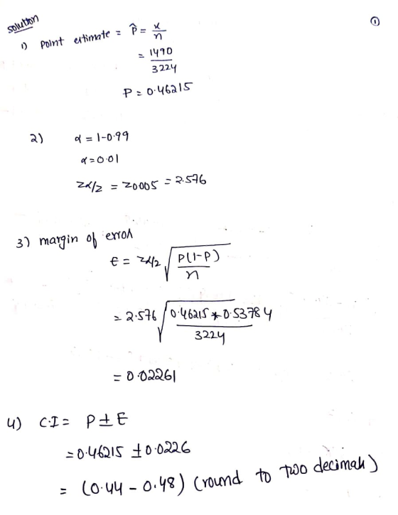 solution 1) point estimate = Ñ = - 1490 3224 P=0.46215 2) d = 1-0.99 =0.01 ZAIZ = 20005 :2.576 1. 3) margin of erron € = 2442