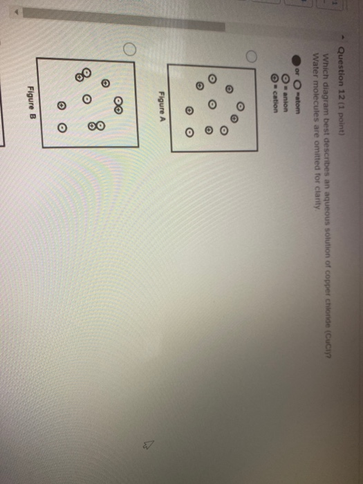 Question 12 (1 point) Which diagram best describes an aqueous solution of copper chloride (Cuci)? Water molecules are omitted