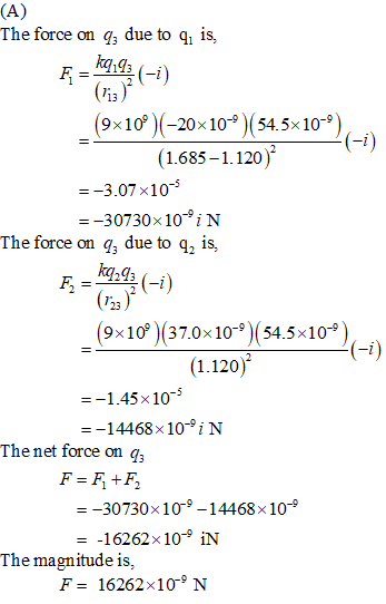 The force on q, due to q, is, is) (9x10% )(-20x10-9 )(54.5x10-9) ( i) (1.685-1.120) 3.07x10- --30730x10iN The force on q due