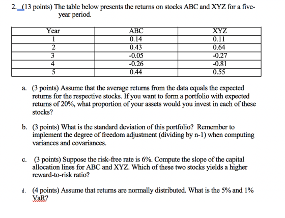 2._(13 points) The table below presents the returns on stocks ABC and XYZ for a five- year period. Year 1 2 3T 4 ABC 0.14 0.4