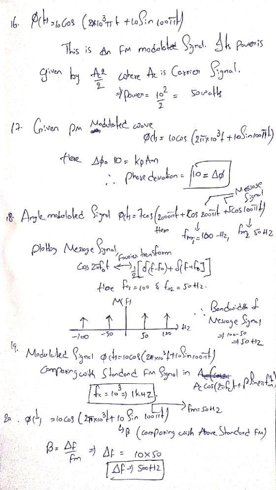 Message A 16. Pet Socos (2469 t to sin cort T This is an Fm modolated Signed. Its poweris . given by A2 cohere Ae is Carier S