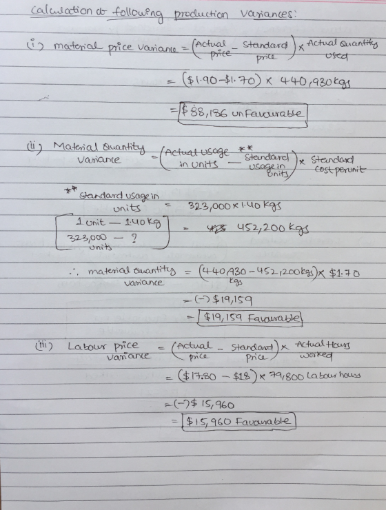 calculation at following production variances: i material price variance = (Actual - Standard Actual Quantity used Price pric