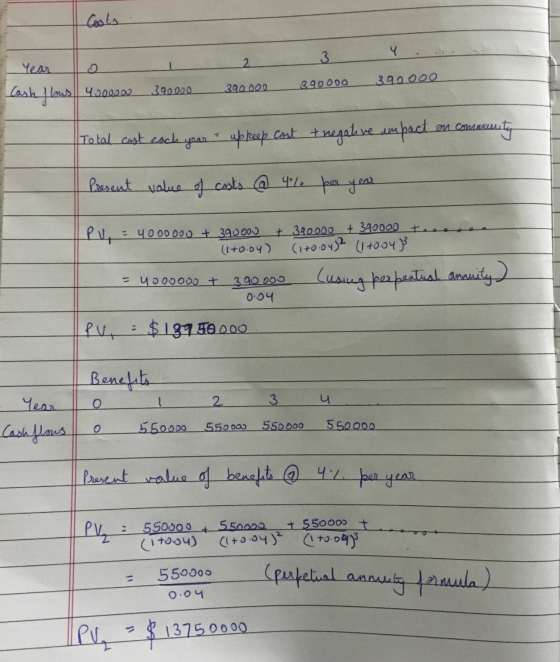 Costs - Cash flows 4000 390000 390.000 39000 390000 Total cost each year upkeep cast negative impact on community I Present v