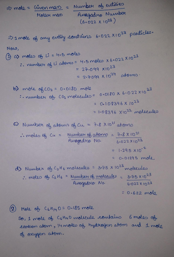 = mole - Crivenmass = Number of entities Molar mass Anagadro Number (6.022 x 1023) particles. = 1 mole of any entity contains