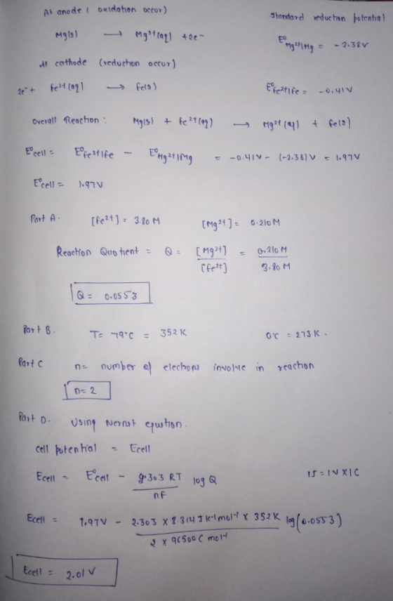At anode oxida ton occur) Standarel redue han potentia) Mg1 (a1 42e- Mgis) ngl etg 2.32v Af cathode (veduchon occur) fe내 (021