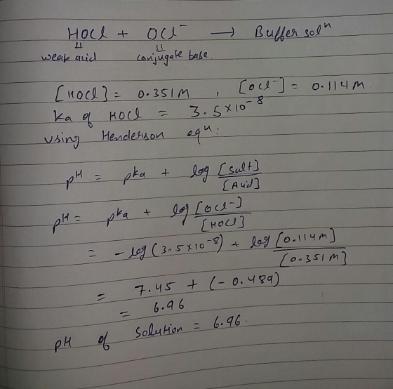 Видея до * Нос weak and д + OC — conjugate base. = 0. јум L Koc - 0. 3S | M , Loc ka e Hot a 7. х 10 using Henderson equ: pм