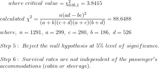 where critical value = X.05.1 = 3.8415 nad - bc)2 calculated x = (a + b)(c + d)(a + c) (6+ d) where, n = 1291, a = 299, c = 2