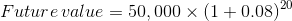 Future value = 50,000 x (1 +0.08) 20