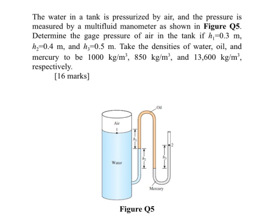 The water in a tank is pressurized by air, and the pressure is measured by a multifluid manometer as shown in Figure Q5. Dete