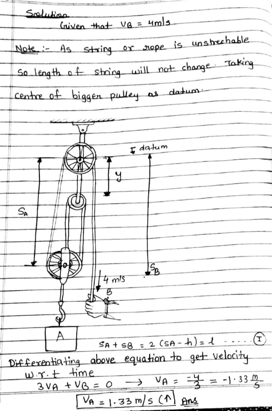 Solution Given that VB = 4 m/s Note- As String or rope is unstrechable So length of string will not change. Taking centre of