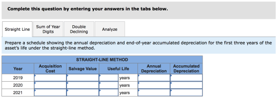 Complete this question by entering your answers in the tabs below. Straight Line Sum of Year Digits Double Declining Analyze