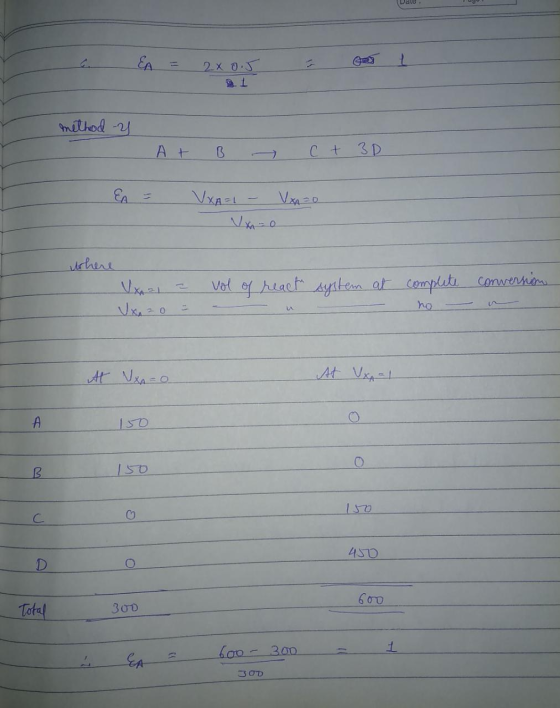 Date EA 2x or method y At B C + 3D EA = VXA=1 where Val vol of react system at complete conversion no At Vx=0 At VxAal A В 15