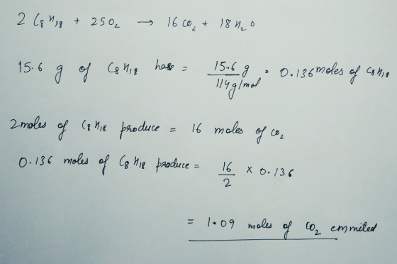 2 (8nig + 25 → 16co, + 1840 15.6 g of Calig has = 156 al 0.136 moles of comme 2 moles of (o his produce = 16 moles of to 0.13